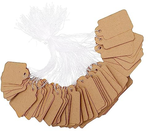 Hwtcjx 200 Piezas Etiquetas Precio con Cuerda, Etiquetas de Papel Kraft, Etiqueta Vacías Marcado Kraft Pequeñas para Joyeria Ropa, Regalo, 15 x 25 mm (Blanco) (marrón, 3.5 x 2.2 cm)