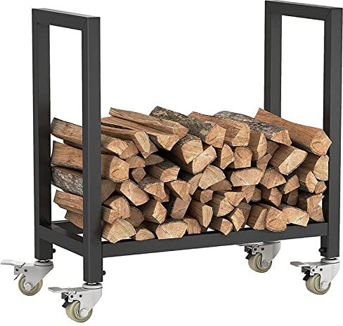 OPSREY Fireplace Wood Log Rack, Firewood Log Holder with Wheels, Indoor Outdoor Logs Holder Stand, Metal Lumber Storage Carrier Organizer, Wood Pile Storage Stacker Organizer