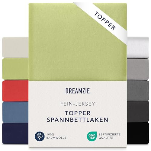 Dreamzie Premium Topper Spannbettlaken 140x200 cm - 160x200 cm - extra niedriger Seitenhöhe - für Topper - Topperauflage - Spannbetttuch Jersey Baumwolle, 150 g/m² - Oeko-TEX - Grün