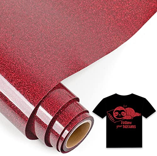 IModeur Glitter Red Iron on Vinyl — 30.5 x 153 cm Heat Transfer Vinyl for Fabric, PET Backing HTV Roll for T-Shirts, Clothes, Hats, Bags and Other Textiles, Easy to Weed