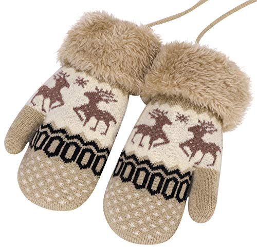 Moufles d'Hiver Thermiques Tricotés Épais Avec Doublure Polaire - Gants Plein-Doigts Doux Chauds Avec Ficelle Pour Ski, Snowboard, Camping, Vélo, Noël - Pour Enfant Garçon Fille 2-6 Ans