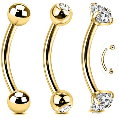 BodyAce 14G Eyebrow Rings Belly Bars, Surgical Steel Tragus Earrings Curved Navel Barbell, Gold Rook Piercings Snake Eyes Jewelry for Tongue Industrial [Gold;BL:10mm]