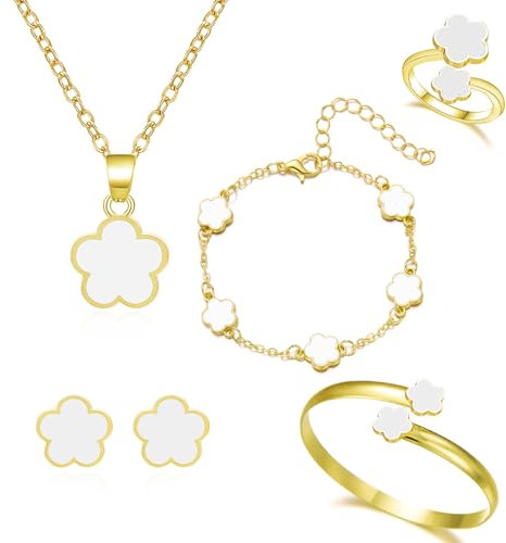FDEETY Schmuck Set Glückliches Fünfblättriges Kleeblatt Legierung Schmuckset 5 Pcs Ring Ohrringe Armbänder Halskette ideal für Geschenke Besondere Anlässe und Frauen（Weiß）