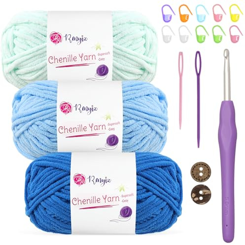 Renyiz Chenille-garn Tjockt, fluffigt babyfilt- och Amigurumi-garn, 3 x 50 g mjuk ull med 5 mm virkad krok, nybörjarevirkat (blå-3)