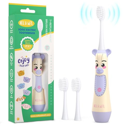 NELL&WELL Elektrische Zahnbürste für Kinder, 2-Minuten-Timer, 3 Modi mit Speicher, IPX 7 wasserdicht, batteriebetriebene Kinderzahnbürste mit 3 weichen Borsten, für Kinder, Jungen und Mädchen ab 3