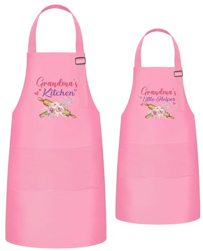 R HORSE 2Pcs Adults Kids Matching Apron Set Grandma and Me Adjustable Kitchen Apron with 2 Pockets Matching Gift for Grandma and Granddaughter Cooking Baking Painting Training Back to School Gifts