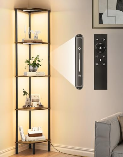 OUTONLIFE Lampada da Terra con Scaffale in Legno a 5 Ripiani, Luce LED Dimmerabile con Touch e Telecomando, 3 Temperature di Colore, Timer 1h – Libreria Angolare Alta per Soggiorno, Camera, Ufficio