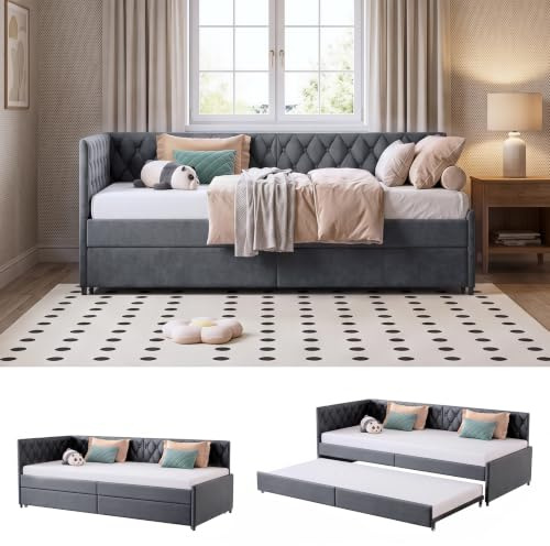 Dubbelsäng soffa, utdragbar bäddsoffa 90/180 x 200 cm, soffa, dubbelsäng, 2-sitsig säng, gästsäng, utdragbar dagssäng soffas multifunktionell säng,utan madrass (grå+sammet, 90/180 x 200 cm)