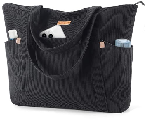Lekesping Sac a Main Femme Grand Velours Cotelé, Sac de Plage avec Fermeture Éclair, Sacs de Courses Femme, Sacs Ordinateur 15,6 Pouces, Bandoulière Tote Bag Élégant pour Travail L'école Sport, Noir