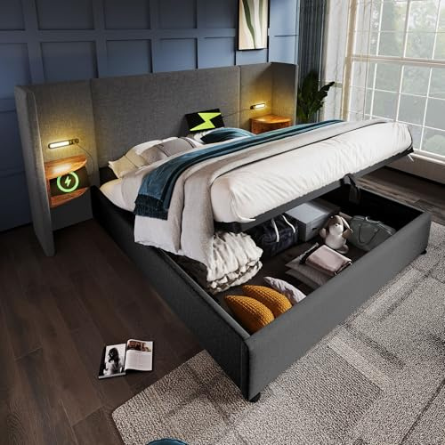DUlVBPE Sängklädsel, dubbelsäng, 160 × 200 med nattduksbord, lä och USB Type-C-laddningsfunktion, sängsystem, förvaringssäng, sängram med ribbotten av massivt trä och metall, grå, linne (utan