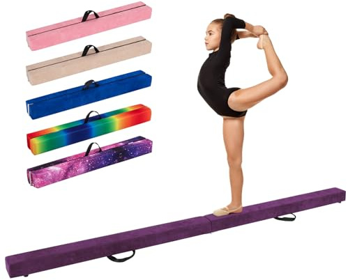 COSTWAY Trave Ginnastica Artistica per Casa 210/240/270 cm, Trave Pieghevole per Bambini con Maniglia, Base in Legno e Fondo Antiscivolo, Trave di Equilibrio da Pavimento (Viola, 270 cm)