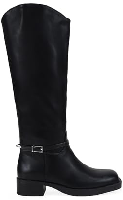 BOSANOVA Botas Altas Planas para Mujer Estilo Bota de Montar con Pieza metálica en el talón, Hebilla de aleación de Zinc y Suela Plana. Cierre con Cremallera. Calzado para Mujer Negro 39