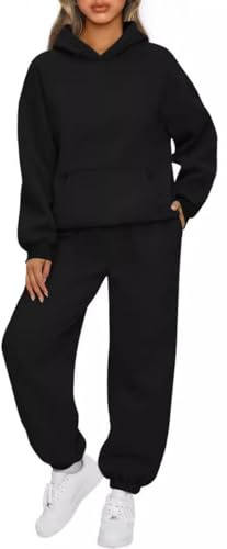 OLIPHEE Tuta Sportiva Donna Completa 2 Pezzi Invernale in Pile Jogging Completi Sportivi Donna Fitness Set Felpa e Pantaloni Larghi Yoga Palestra Ginnastica Outdoor Anero M
