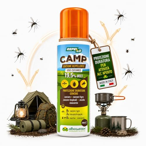 Albagarden – Repellente Antizanzare e Anti Zecche REPELLO CAMP DEET 19,5% Spray 100 ml | Protezione Fino a 8 Ore Contro Zanzare, Moscerini Neri e Zecche – Uso Esterno Tutto l’Anno