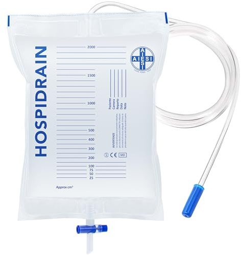 AIESI® Sac de drainage urinaire de lit 2 litres tube 120 cm avec robinet de vidange en croix (T) et valve anti-reflux HOSPIDRAIN (Paquet de 250 pièces)