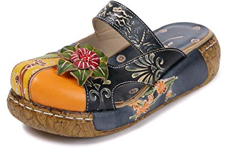 BININBOX Sandales Cuir Femmes, Chaussures Ville Été Sabots Mules Compensées à Talons Compensés Plateforme Plates Motifs Fleurs Bohème Clogs Pantoufles (40 EU (250mm), Bleu)