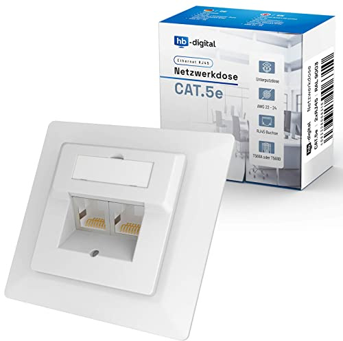 HB-Digital 1x Prise réseau avec 2X connexions RJ45 Prise de données réseau encastrée pour câble d'installation Cat.5e EIA/TIA 568A & B 8P8C Connexion Internet Ethernet Blanche