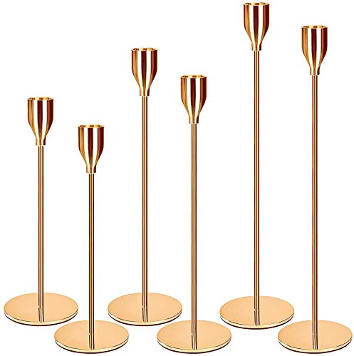 Amzeeniu Candelabro Set di 6 Oro Portacandele di Diverse Dimensioni23/28/33 cm per Candele Coniche da 2.2cm,Candeliere da Tavolo Ornamento Decorazioni per Matrimoni,Compleanni,Natale,Halloween Regalo