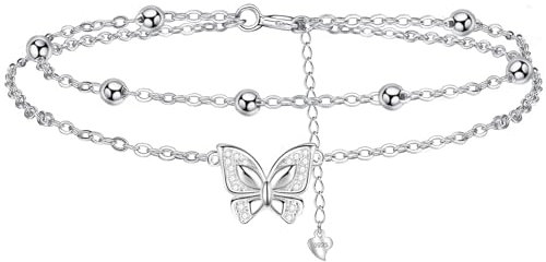 Fußkettchen silber 925 damen - Schmetterling Layered Fußkette - Sommer Barfuß Strand Fusskette - verstellbare 22+4cm