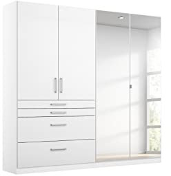 Rauch Möbel Homburg Schrank Kleiderschrank Drehtürenschrank Weiß/Hochglanz Weiß 4-türig mit Spiegel und 4 Schubladen inkl. Zubehörpaket Basic 3 Einlegeböden, 1 Kleiderstange BxHxT 181x197x54 cm