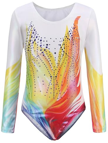 SEAUR - Flickor gymnastik, ärmlös bodysuit, barn, gymnastik, balklänning, yoga, klassisk babybody för barn i åldrarna 4-13 år, Färgad flamma (långärmad), 9-10 år