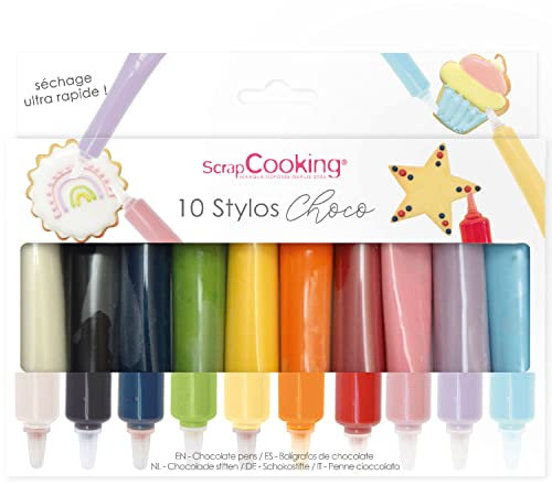 ScrapCooking - Coffret 10 Stylos Choco - Colorants Alimentaires Pâtisserie 10 x 25 g - Crayons Encre Comestible – Pour Écrire & Dessiner sur Desserts, Gâteaux & Biscuits - Noël Anniversaire - 6820