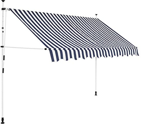 HOMIUSE Einziehbare Markise Handbetrieben Klemmmarkise 250 cm Balkonmarkise Sichtschutz Balkon Pergola UV Beständig Höhenverstellbar Wasserdicht Hohe Lichtechtheit Polyester Blau Weiß Gestreift