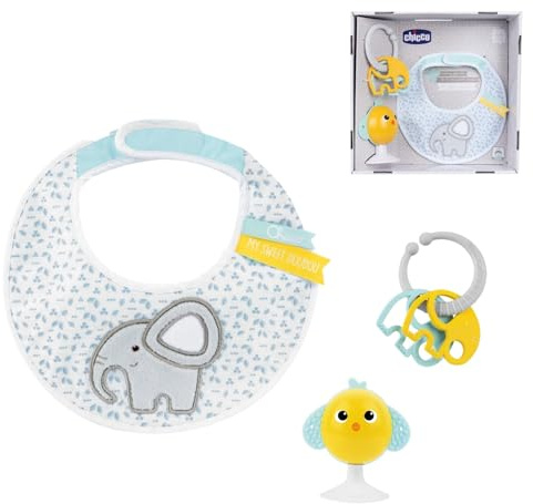 Set Regalo La Mia Prima Pappa, Set Composto da Bavaglino, Gioco per Seggiolone con Ventosa a Forma di Simpatico Pulcino, con Due Sonagli Colorati, Facile da Afferrare 6 Mesi+