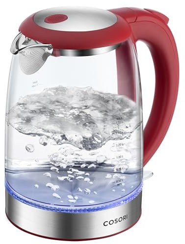 Cosori Electric Kettle, No Plastic Filter & Spout, Tea Kettle & Hot Water Boiler For Coffee & Tea, Water Heater & Teapot, Automatic Shut Off, Borosilicate glass, Red, 1.7L/1500W