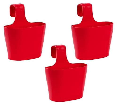 ENGELLAND 3 x Blumentopf zum Auf-Hängen, Geländertopf, Rot, Hängetopf, Balkon-Kasten, oval, Übertopf, Pflanzkasten, mit Wasserspeicher/Wasserauffangschale, 2,8 Liter