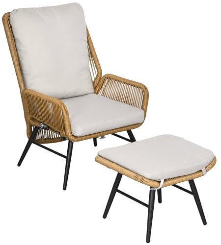 Outsunny Rattan Relaxsessel mit Fußhocker Gartensessel mit Verstellbarer Rückenlehne Outdoor Rattanstuhl mit Kissen für Garten, Balkon, Stahl, Polyester Natur