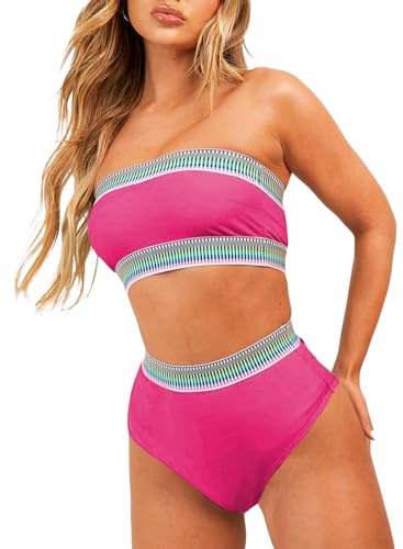 Dokotoo Women's Bikini Sets 2 Pieces High Waist Color Block Bandeau Tankini Cami Halter Womens Swimsuits 2025 Ladies Swimming Costumes Swimwear Cheeky Bathing Suits Red S
