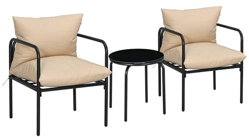 Outsunny 3tlg. Gartenmöbel-Set, Balkonmöbel-Set mit 2 Stühlen, 1 Couchtisch, Bistro-Set mit Sitzkissen, Gartensitzgruppe für Terrasse, Balkon, Stahl, Beige
