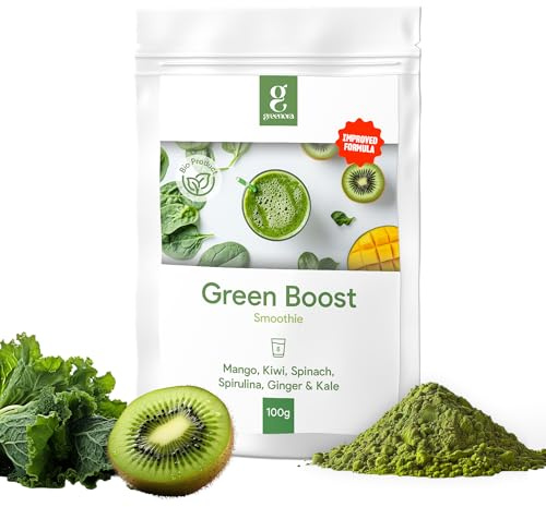 GREENORA Fruta Liofilizada en Polvo de Mango, Kiwi, Espinaca, Espirulina, Jengibre y Col Rizada, Ideal para Smoothies, Bowls y Recetas, Sin Azúcar, 8 Servicios, Green Boost