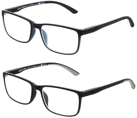 Foster Grant Men's Tatum 2-Pack Rectangle Reading Glasses, Navy, Black, 39 mm, 2 Diopters