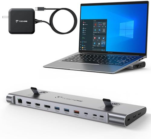 TobenONE - USB-C Docking Station for 3 Monitors and Dual Monitor, Laptop Dock Stand with 100W GaN III Charger, 2.5Gbps Ethernet, 2 HDMI & DP (4K@120Hz), 6 USB Ports