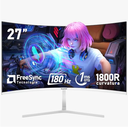 Gawfolk 27 pulgadas 180Hz curvo monitor para ordenador de juegos, 1800R, FHD 1080P, 98% sRGB, 1ms,FreeSync,178° gran angular,HDMI、DisplayPort,Compatible con el montaje en pared 100 * 100mm - blanco