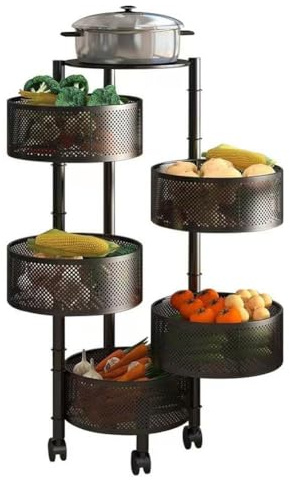 Cesta de frutas y verduras giratoria, cesta de almacenamiento redonda para cocina, frutero giratorio, carrito de almacenamiento para cocina con 4 ruedas - 5 estantes en cesta redonda negra