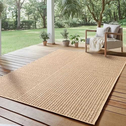 SIMPEX Outdoor Teppich 160x230 cm Wetterfest Pflegeleicht Jute Natur Optik Skandinavisches Design für Wohnzimmer Esszimmer Schlafzimmer Terrasse Balkon Garten
