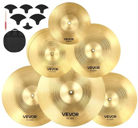 VEVOR 6-teiliges Beckenset, Becken aus Legierung, Schlagzeug Set inklusive 355 mm HiHat, 400&455 mm Crash, 505 mm Ride, 254 mm Splash, 400mm China, Drumsticks und Beckentasche