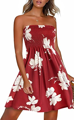 florynova Summer Dress for Women Strapless Bardot Maxi Sundress Casual Fit Cover Ups Bathing Suit(Red Flower,M2)