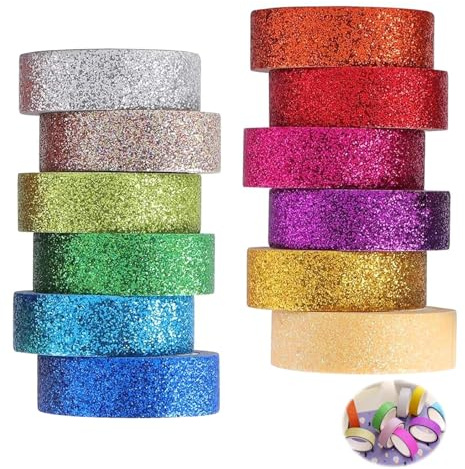 12 Rotoli Washi Tape Glitter, Nastro Adesivo Carta Colorato Nastri Adesivi Colorati Decorativi Colorato Decorativo Painting Tape Glitterato Nastro Carta per DIY Diario Artigianato Scrapbooking