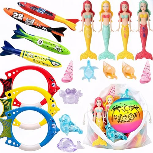 Kaimirui 20pcs Diving Pool Toys,Summer Pool Diving Swimming Toys,Fun Swim Games Sinking Set,Underwater Training Toys with Diving mermaids Torpedo, Dive Rings, for Summer Pool Party (Diving Pool Toys)