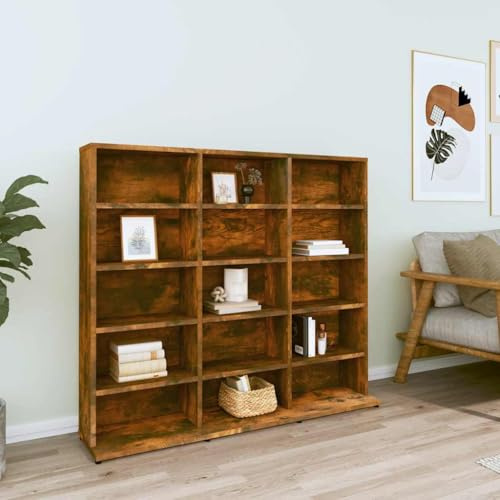 Runheo CD-hylla rökt ek trämaterial 100 x 23 x 89,5 cm med gott om lagringsutrymme, mångsidig användning som DVD-hylla, arkivhylla, förvaringsskåp för vardagsrum, hemmabio, spel