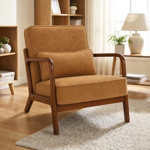ROCSUMOO Accent Chair with Solid Wood Frame, Armchair with Chenille Thick Cushion and Lumbar Pillow, Mid Century Lounge Reading Chair with Wide Arms for Living Room Bedroom Guest Room, Light Brown