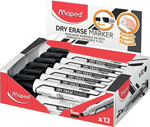 Maped - Pennarello cancellabili a secco, punta a scalpello largo da 1 a 5 mm, lavagne bianche, lavagne e superfici non porose - CONFEZIONE DA 12