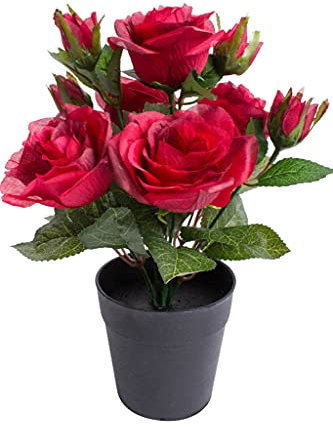 Nova-Nature künstlicher Rosenbusch mit 5 Rosen und 4 Knospen im schwarzen Kunststofftopf (rot)