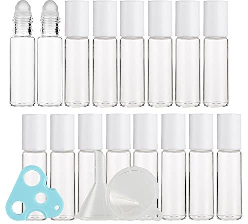 ZEOABSY 12 Stücke 5ml Transparent Ätherische Öle Roller Flaschen Mit Weiß Schraubverschluss Glasflaschen Parfümflasche Reiseflaschen für Aromatherapie Fläschchen + 2 x Trichter, 1 x Öffner