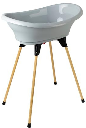 Thermobaby - Babybadewannen-Set - Vasco - Badewanne, Holzbein & Abflussschlauch - Patentierte Innovation - Zusammenklappbar & Stabil - Kann eine Babyliege aufnehmen - Grau Charme