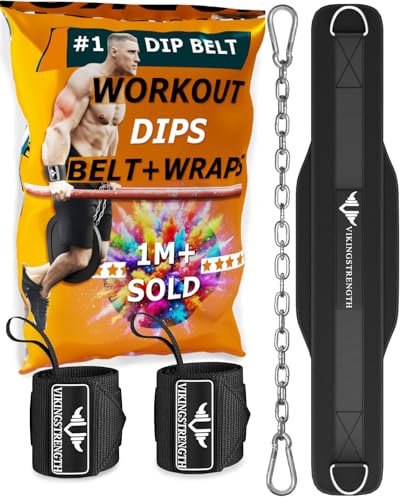 Vikingstrength Tauchgurt zum Gewichtheben inkl. Handgelenkbandagen Premium gepolsterter Dip-Gürtel mit langer Kette für Klimmzüge, Trizeps und Kniebeugen. Beschwerter Gürtel für Workout